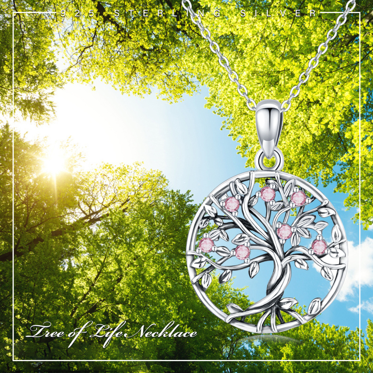 Sterling Silver Pink Cubic Zirconia Tree Of Life Circle Necklace for Women-6