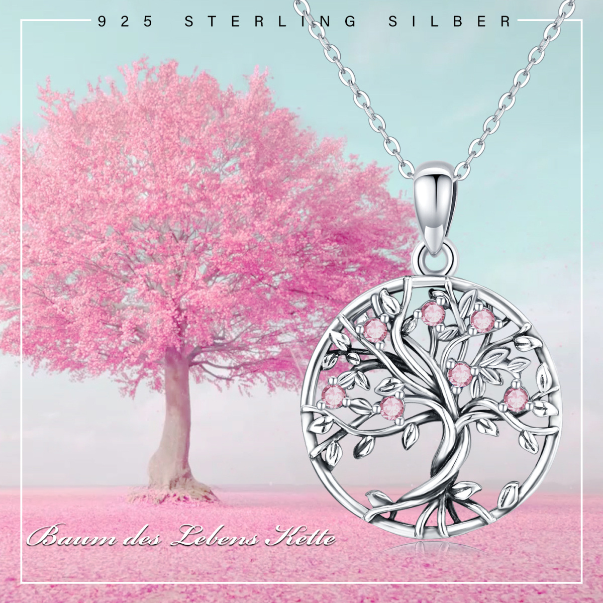 Sterling Silver Pink Cubic Zirconia Tree Of Life Circle Necklace for Women-7