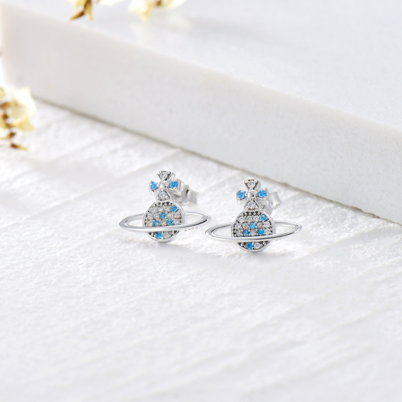 Sterling Silver Cubic Zirconia Planet Stud Earrings-2