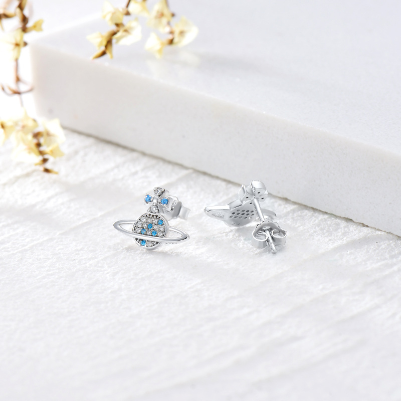 Sterling Silver Cubic Zirconia Planet Stud Earrings-3