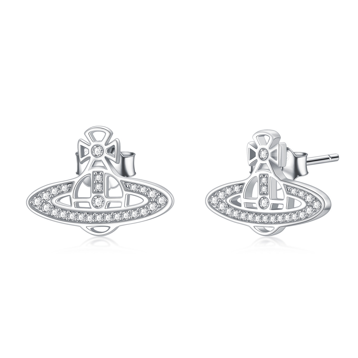 Sterling Silver Cubic Zirconia Planet Stud Earrings-1