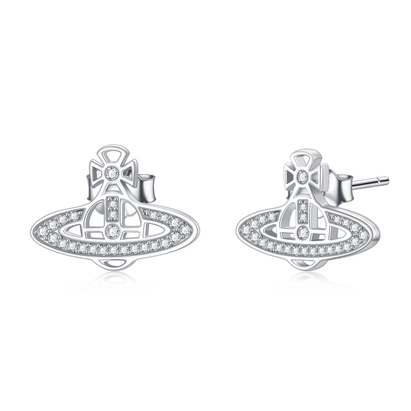 Sterling Silver Cubic Zirconia Planet Stud Earrings-5