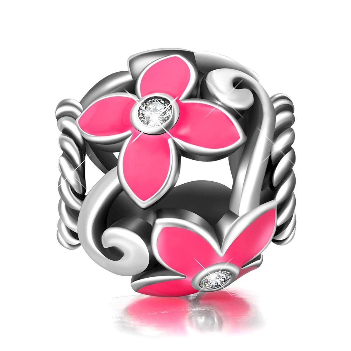 Sterling Silver Cubic Zirconia Plumeria & Round Bead Charm-1