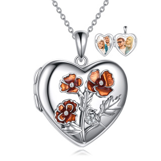 Sterling Silver Poppy Flower Heart Personalized Photo Locket Necklace-42