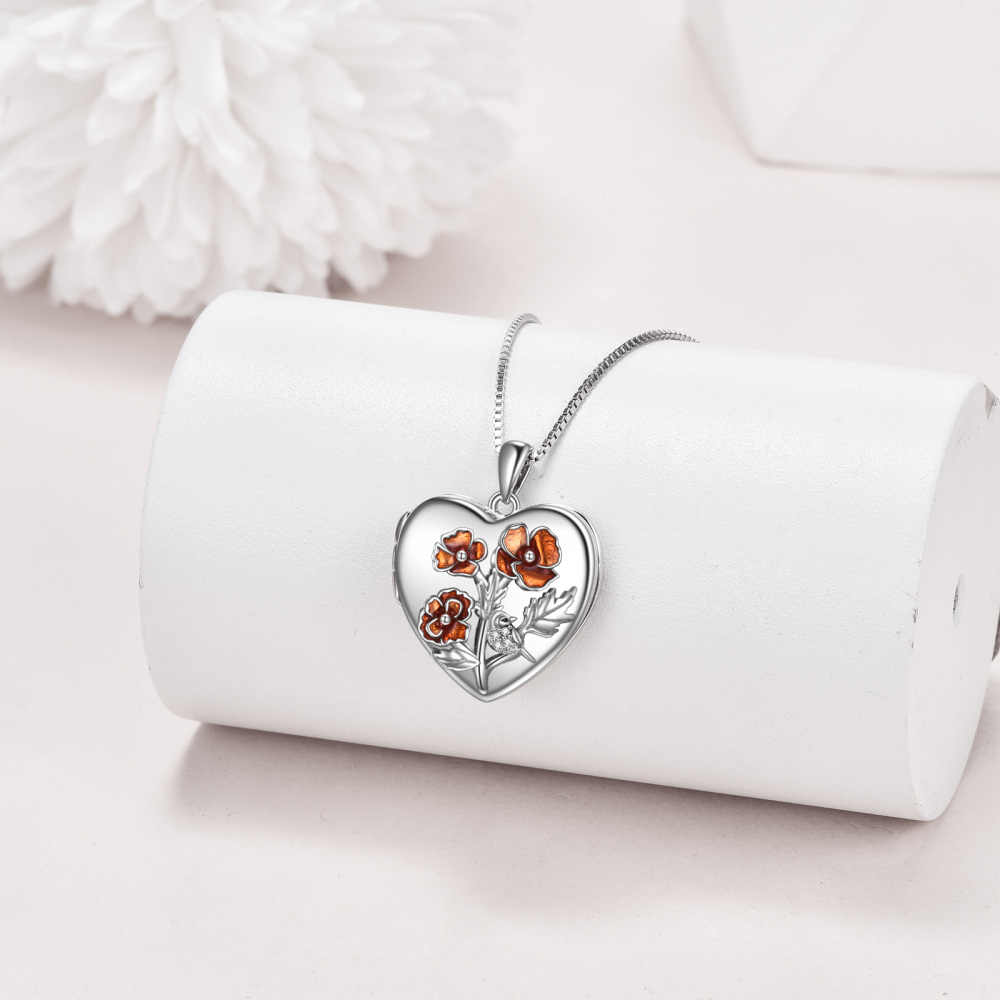 Sterling Silver Poppy Flower Heart Personalized Photo Locket Necklace-3