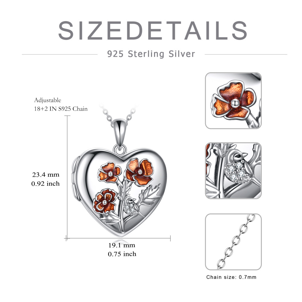 Sterling Silver Poppy Flower Heart Personalized Photo Locket Necklace-5