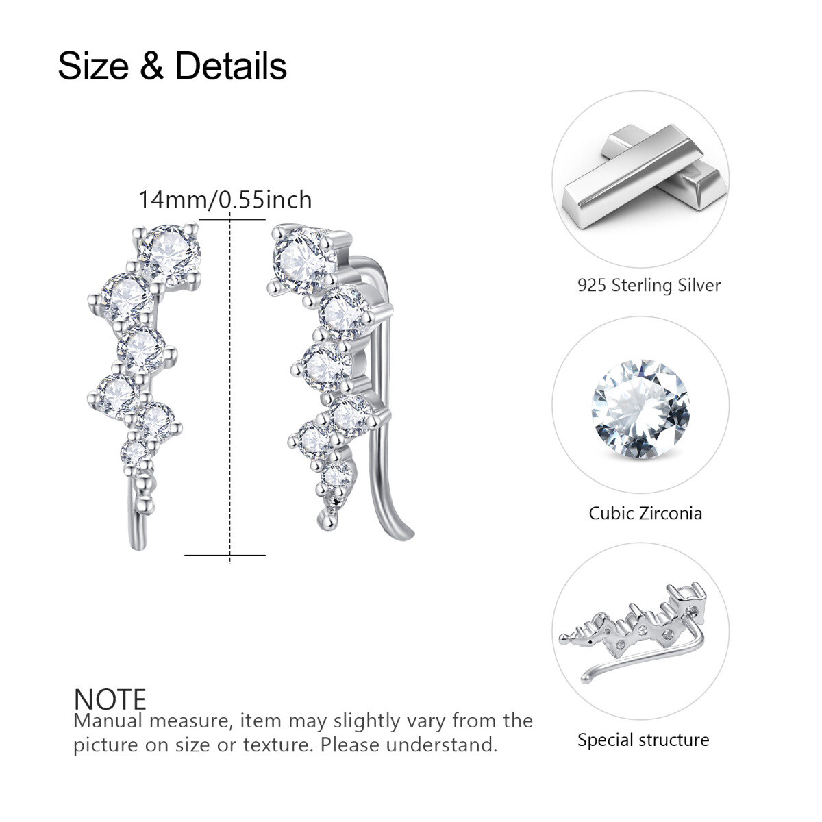 Sterling Silver Cubic Zirconia Climber Earrings-5