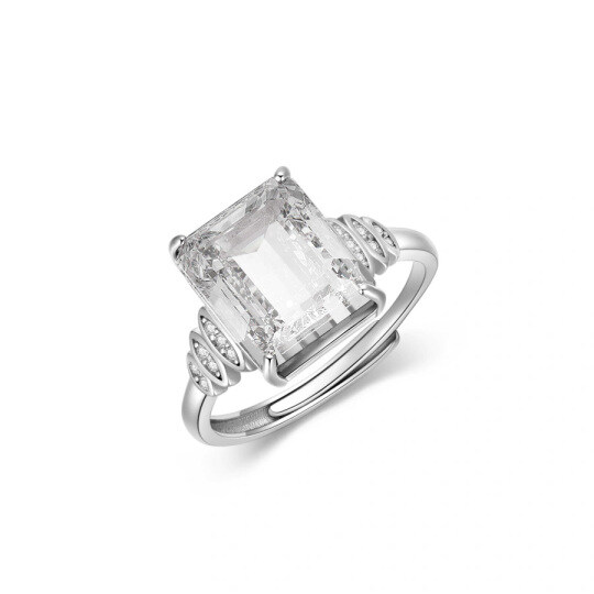 Sterling Silver Princess-square Crystal With Cubic Zirconia Open Ring