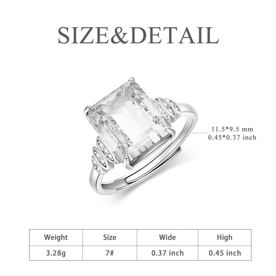 Sterling Silver Princess-square Crystal With Cubic Zirconia Open Ring-3