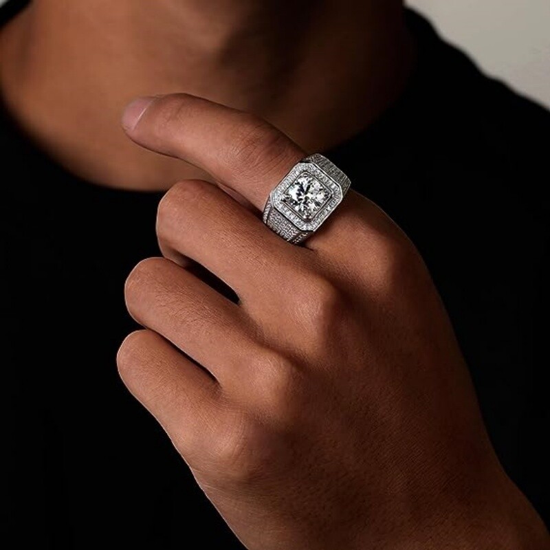 Sterling Silver Princess-square Moissanite Square Ring for Men-2