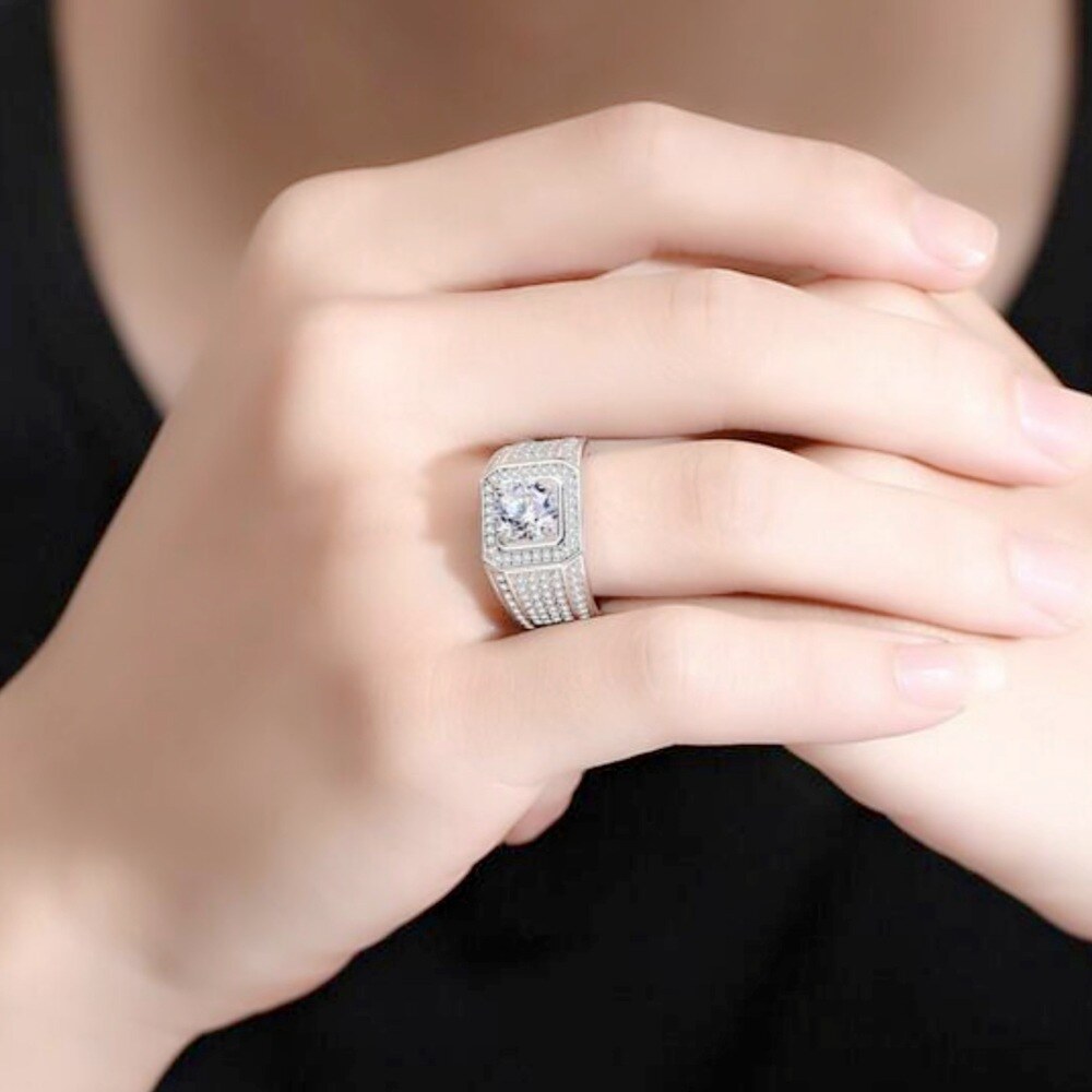 Sterling Silver Princess-square Moissanite Square Ring for Men-7