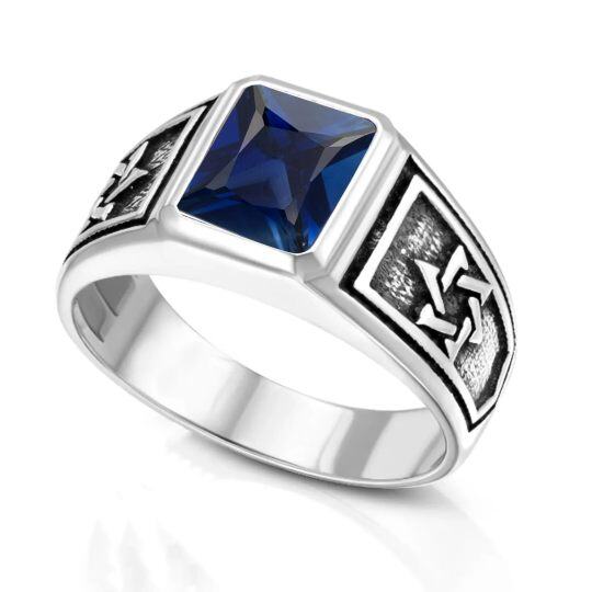 Sterling Silver Princess-square Sapphire Crystal Ring for Men