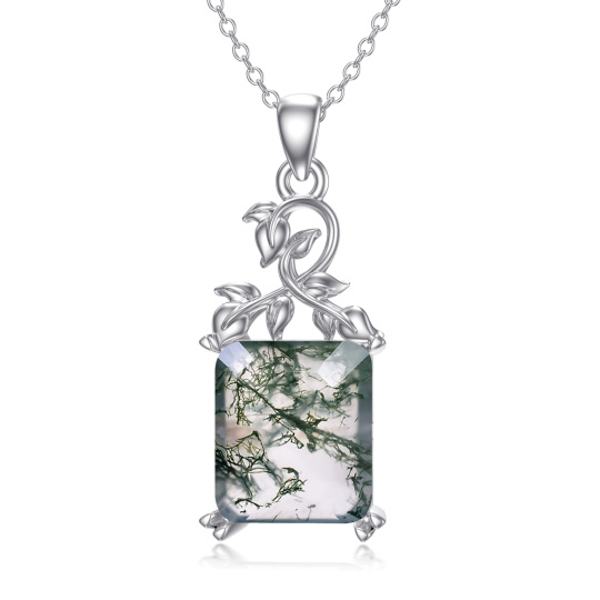 Sterling Silver Princess-square Shaped Agate & Moss Agate Pendant Necklace