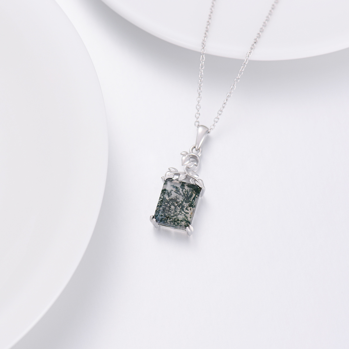 Sterling Silver Princess-Square Agate & Moss Agate Pendant Necklace For Women Best Friends-4