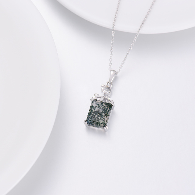 Sterling Silver Princess-square Shaped Agate & Moss Agate Pendant Necklace-4