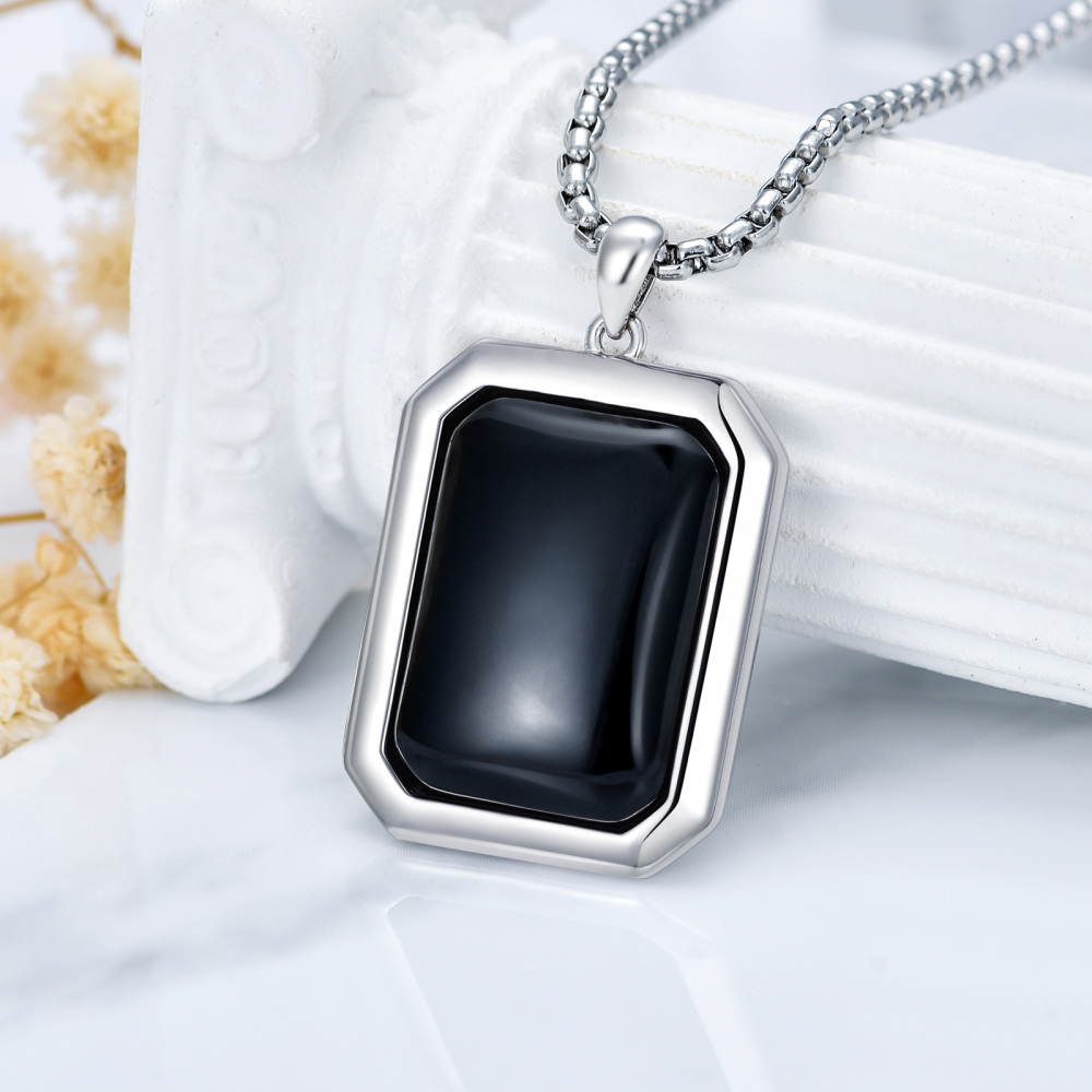 Sterling Silver Princess-square Shaped Agate Square Pendant Necklace-3