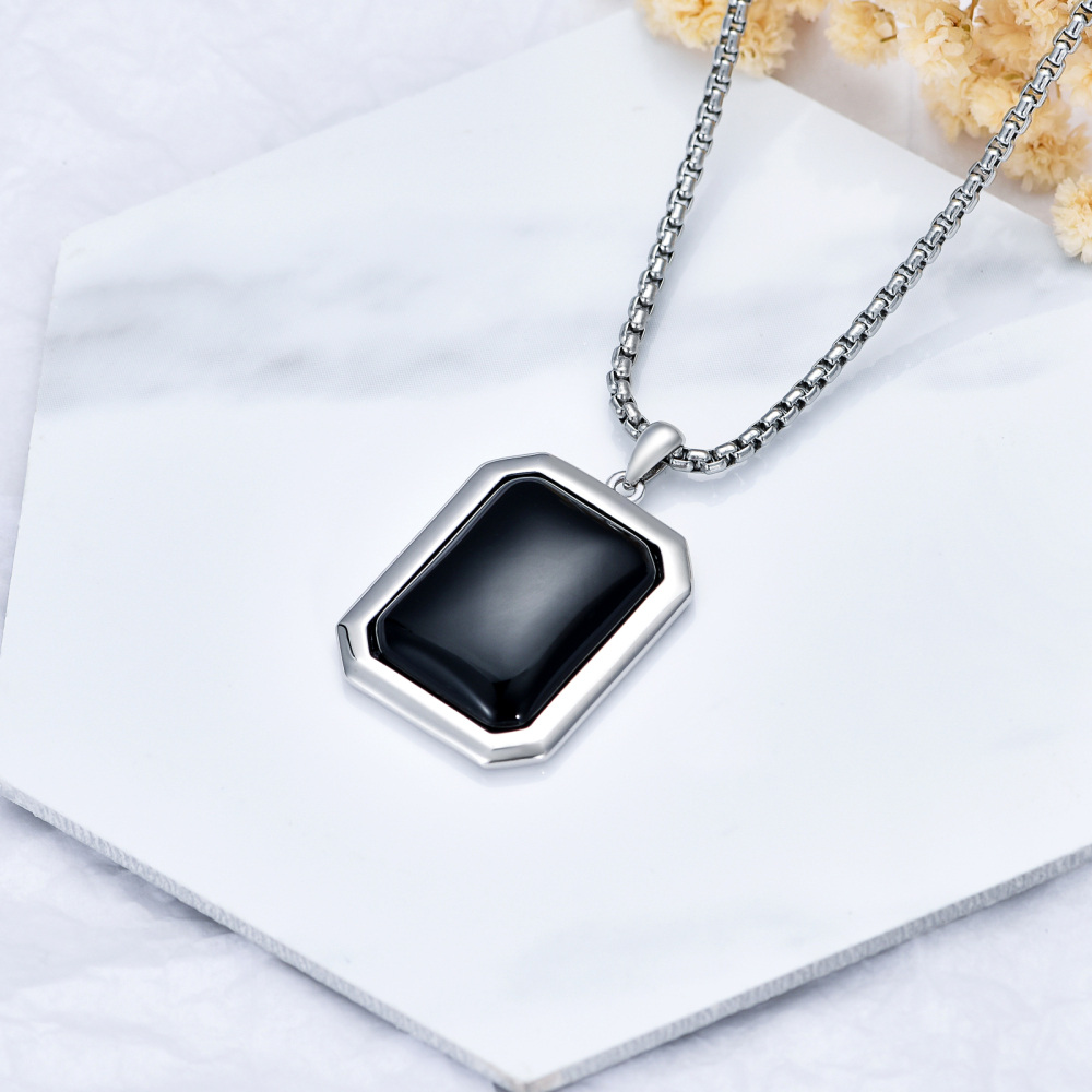 Sterling Silver Princess-square Shaped Agate Square Pendant Necklace-4