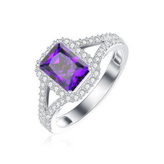 Sterling Silver Princess-square Shaped Amethyst & Round Cubic Zirconia Engagement Ring-6