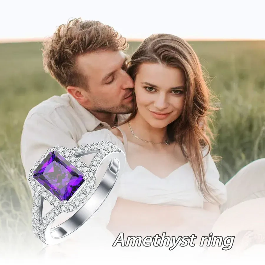 Sterling Silber Prinzessin-Quadrat geformt Amethyst & Runde kubischer Zirkon Verlobungsrin-4