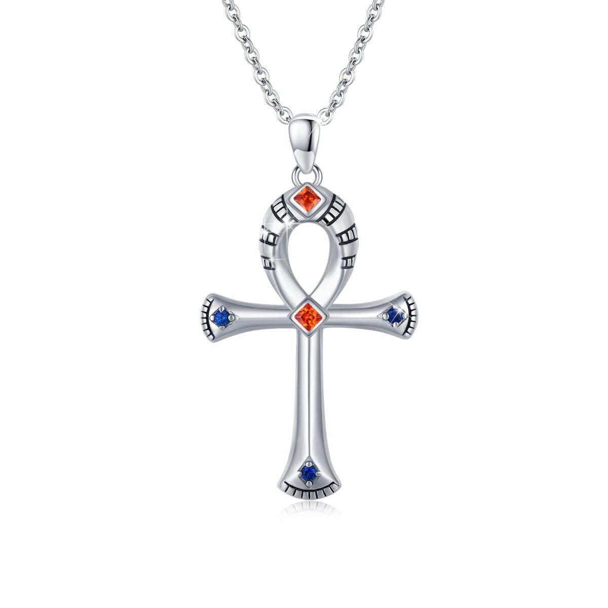 Sterling Silber Prinzessin-Quadrat geformt Cubic Zirkonia Ankh Anhänger Halskette-1