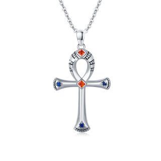 Sterling Silver Princess-square Shaped Cubic Zirconia Ankh Pendant Necklace-42