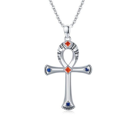 Sterling Silver Princess-square Shaped Cubic Zirconia Ankh Pendant Necklace