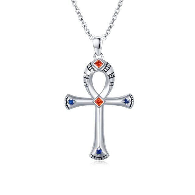 Sterling Silver Princess-square Shaped Cubic Zirconia Ankh Pendant Necklace-4