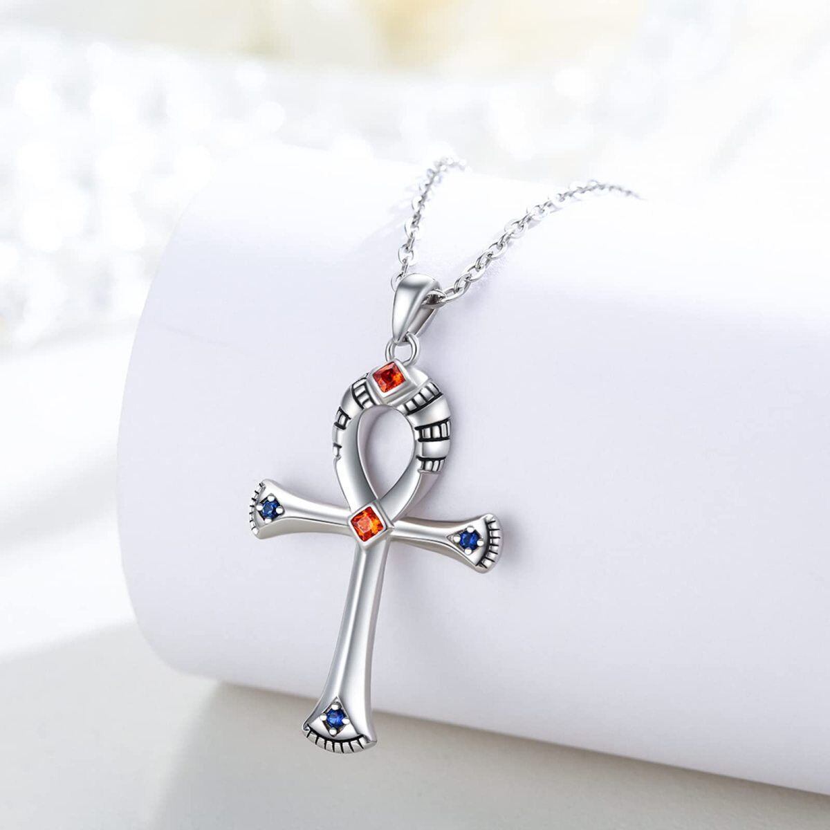 Sterling Silver Princess-square Shaped Cubic Zirconia Ankh Pendant Necklace-3