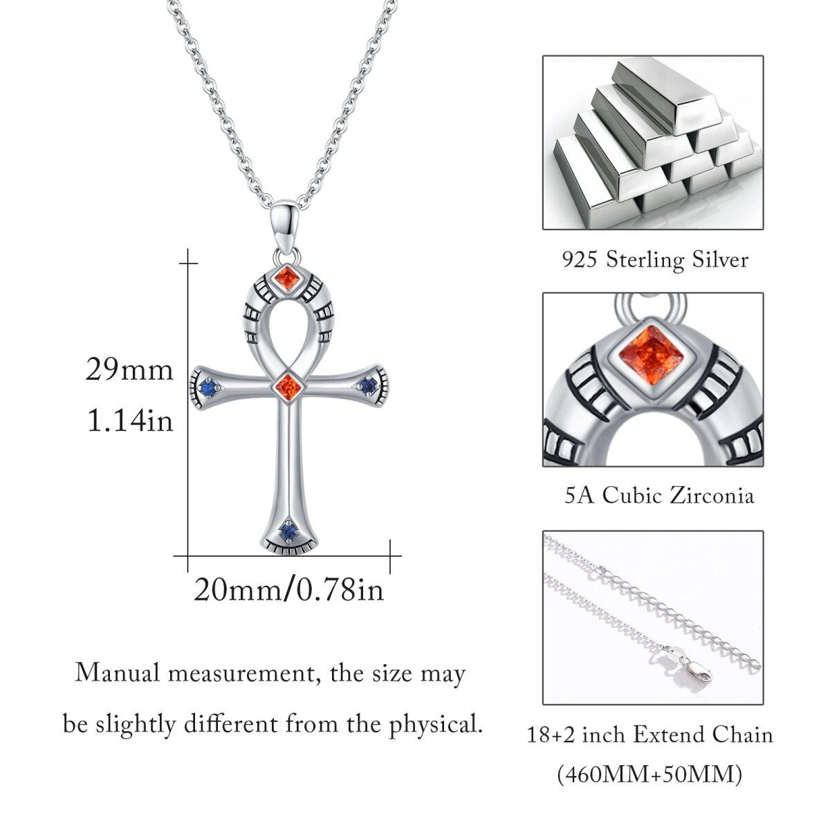 Sterling Silver Princess-square Shaped Cubic Zirconia Ankh Pendant Necklace-4