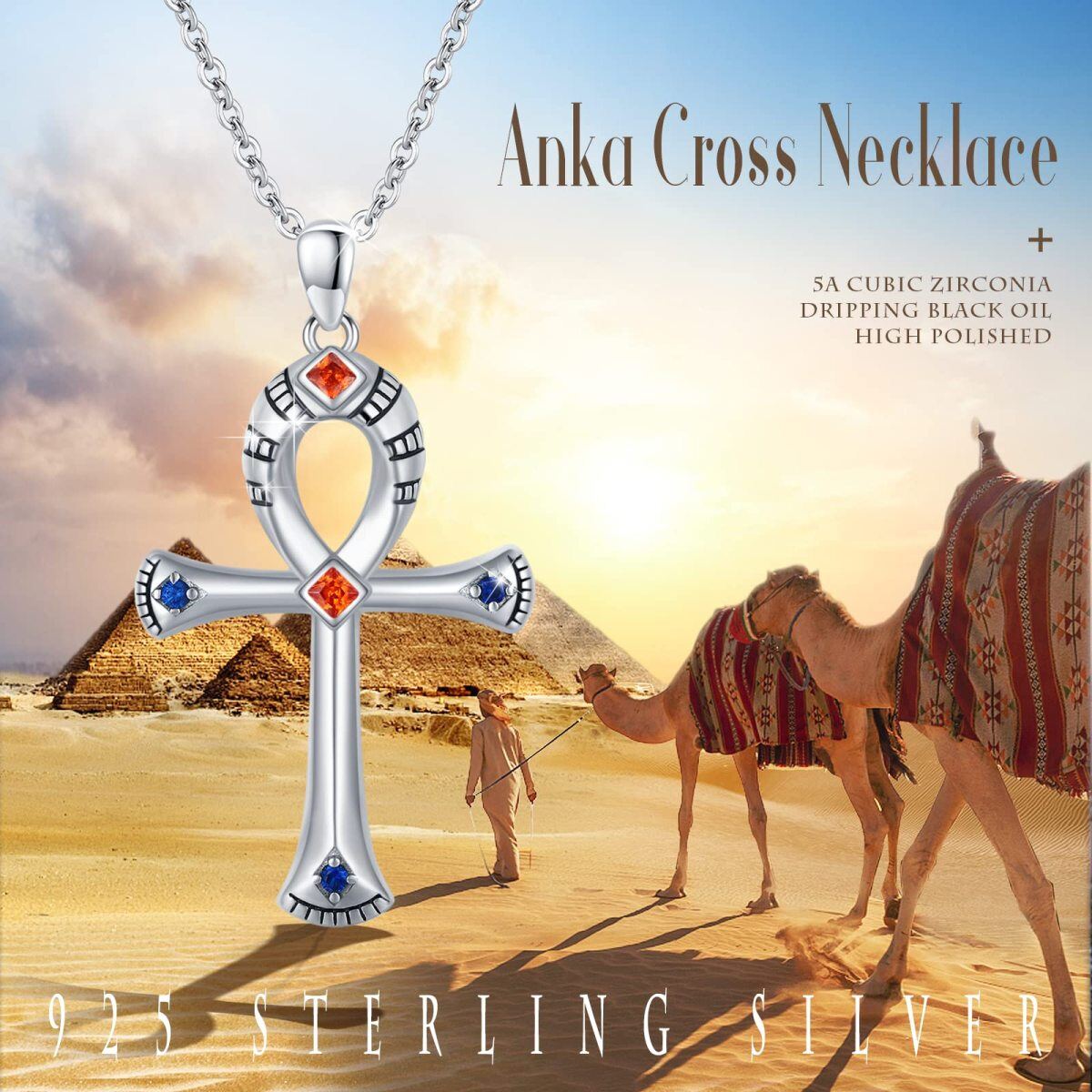 Sterling Silber Prinzessin-Quadrat geformt Cubic Zirkonia Ankh Anhänger Halskette-5