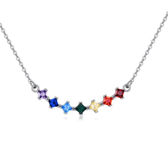 Sterling Silver Princess-square Shaped Cubic Zirconia Chakras & Rainbow & Star Pendant Necklace