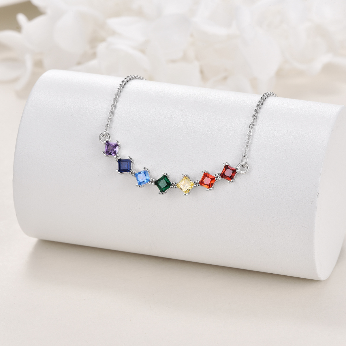 Sterling Silber Prinzessin-Quadrat geformt Cubic Zirkonia Chakren & Regenbogen & Stern Anh-3