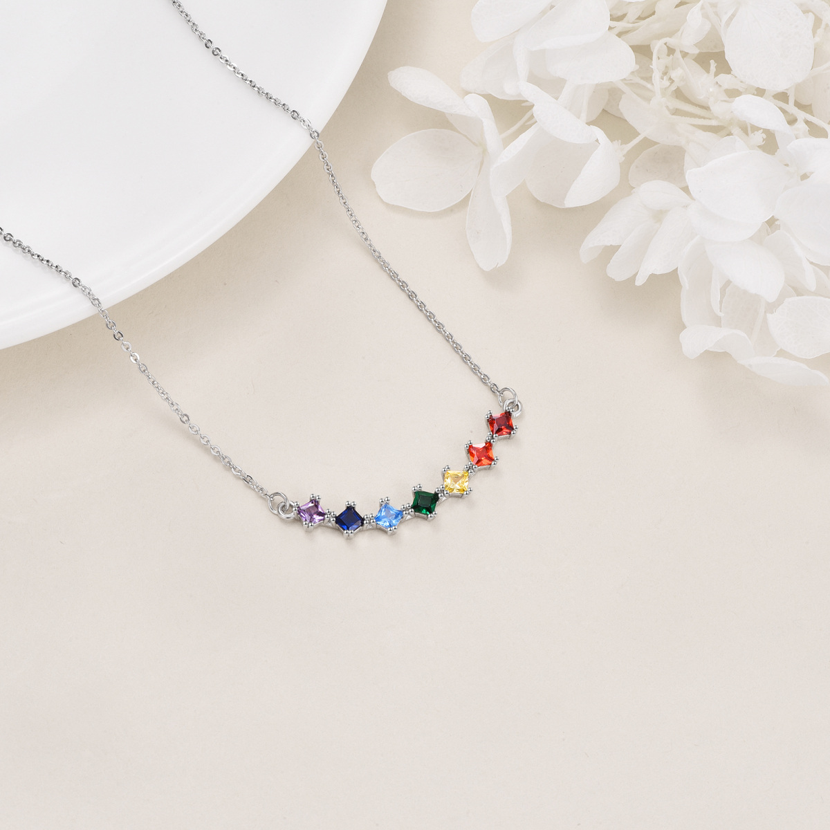 Sterling Silver Princess-square Shaped Cubic Zirconia Chakras & Rainbow & Star Pendant Necklace-4