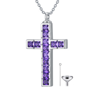 Sterling Silver Princess-square Shaped Cubic Zirconia Cross Urn Necklace for Ashes with Engraved Word-15