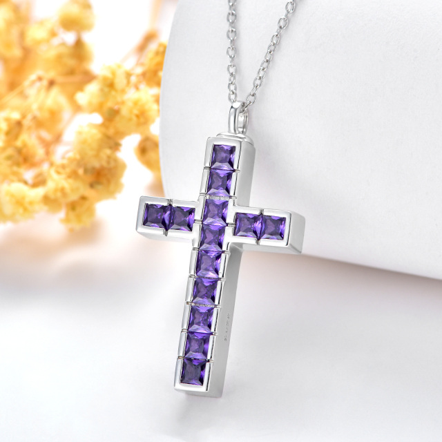 Sterling Silver Princess-square Shaped Cubic Zirconia Cross Urn Necklace for Ashes with Engraved Word-3