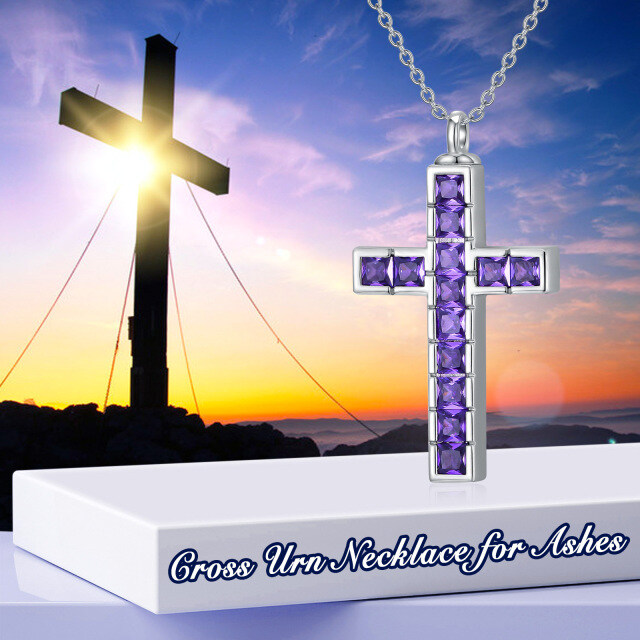 Sterling Silver Princess-square Shaped Cubic Zirconia Cross Urn Necklace for Ashes with Engraved Word-6