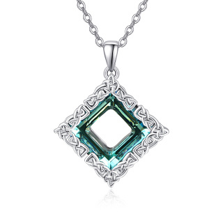 Sterling Silver Princess-square Shaped Crystal Celtic Knot Pendant Necklace-33