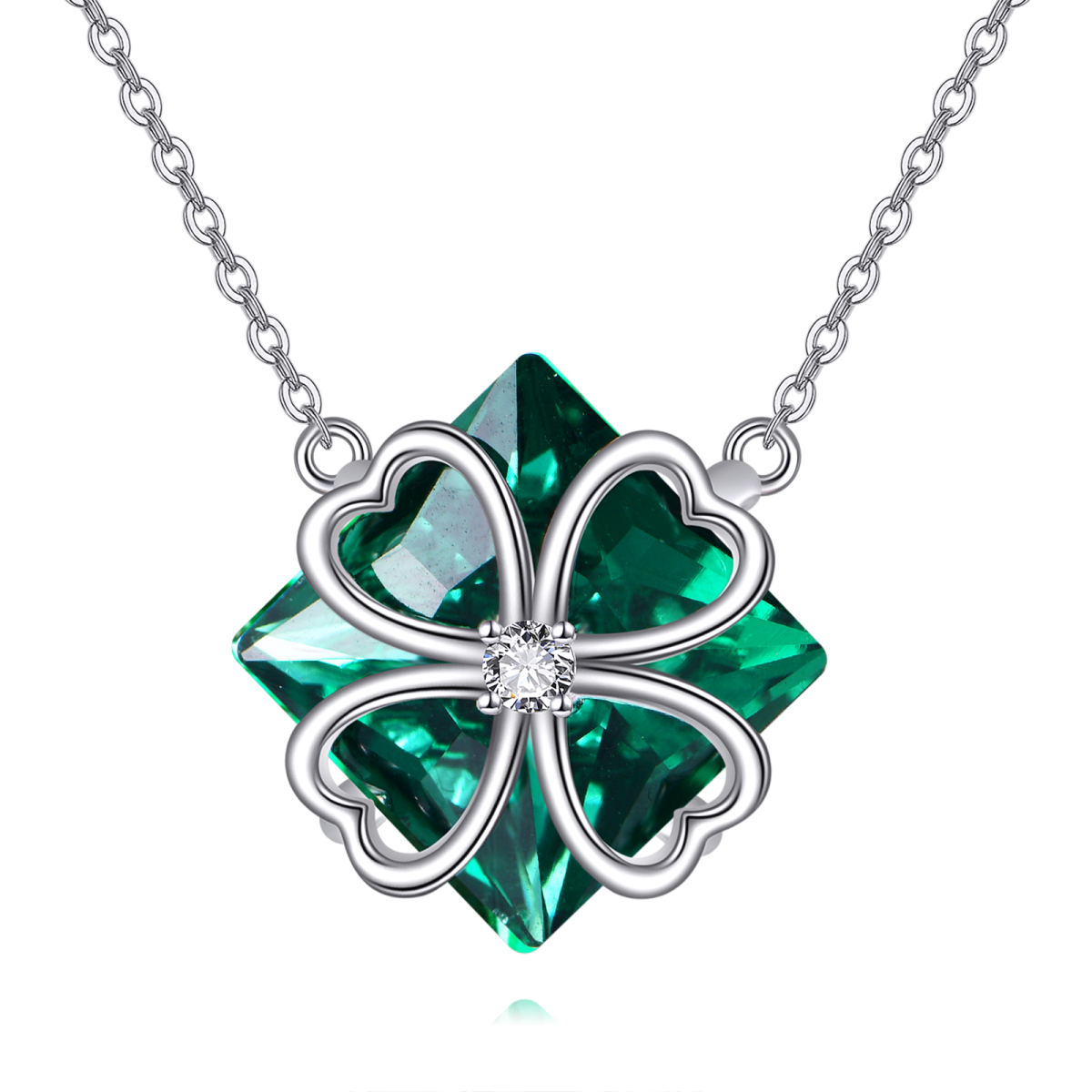 Sterling Silver Princess-square Shaped Crystal & Cubic Zirconia Four Leaf Clover & Heart Pendant Necklace-1