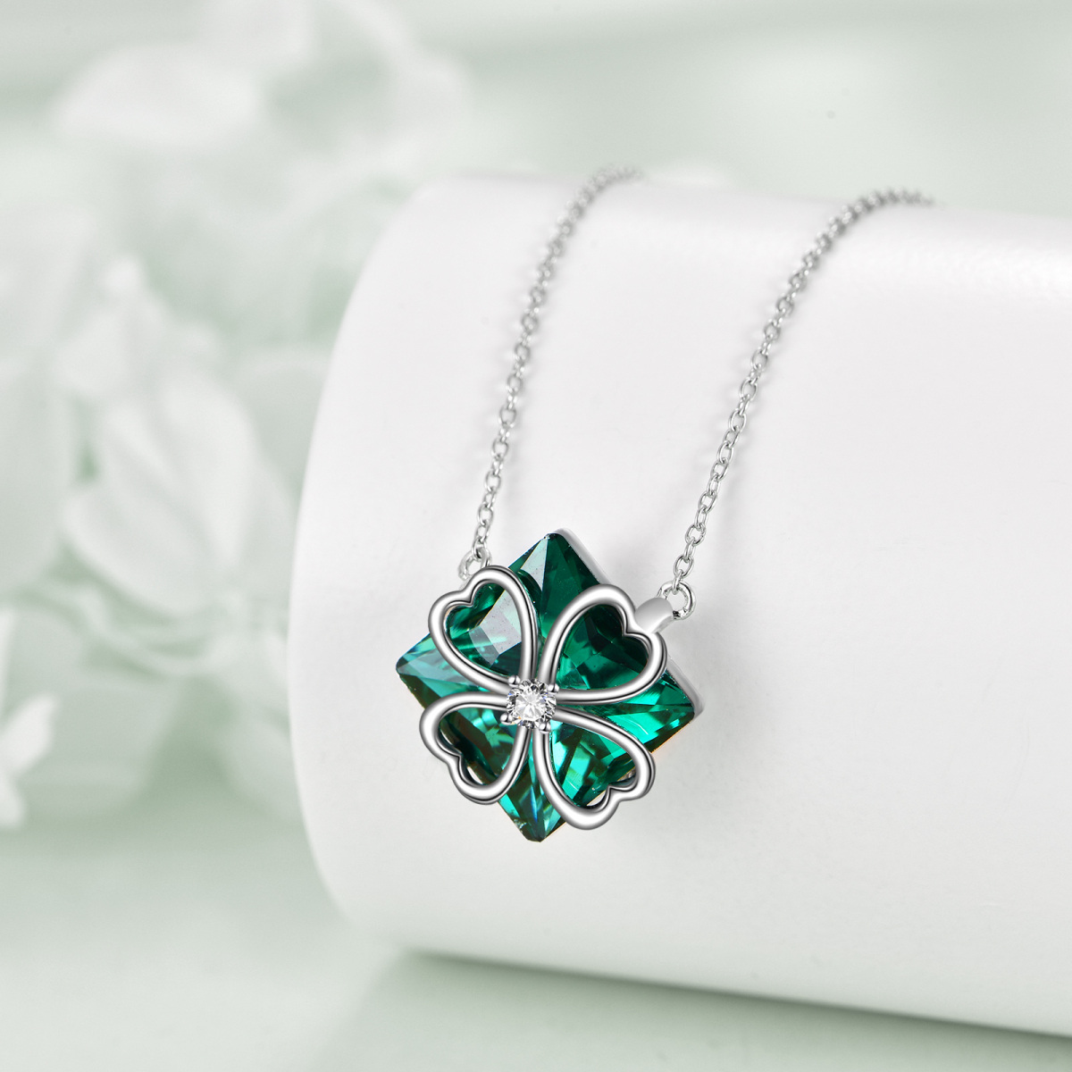 Sterling Silver Princess-square Shaped Crystal & Cubic Zirconia Four Leaf Clover & Heart Pendant Necklace-4