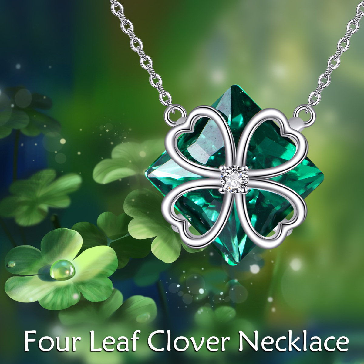 Sterling Silver Princess-square Shaped Crystal & Cubic Zirconia Four Leaf Clover & Heart Pendant Necklace-5