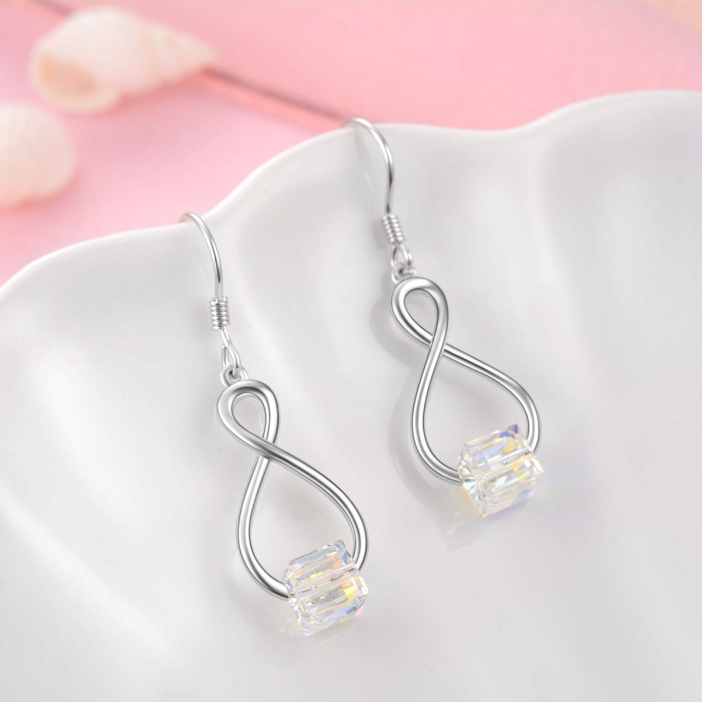 Sterling Silver Princess-square Shaped Crystal Infinity Symbol Drop Earrings-3