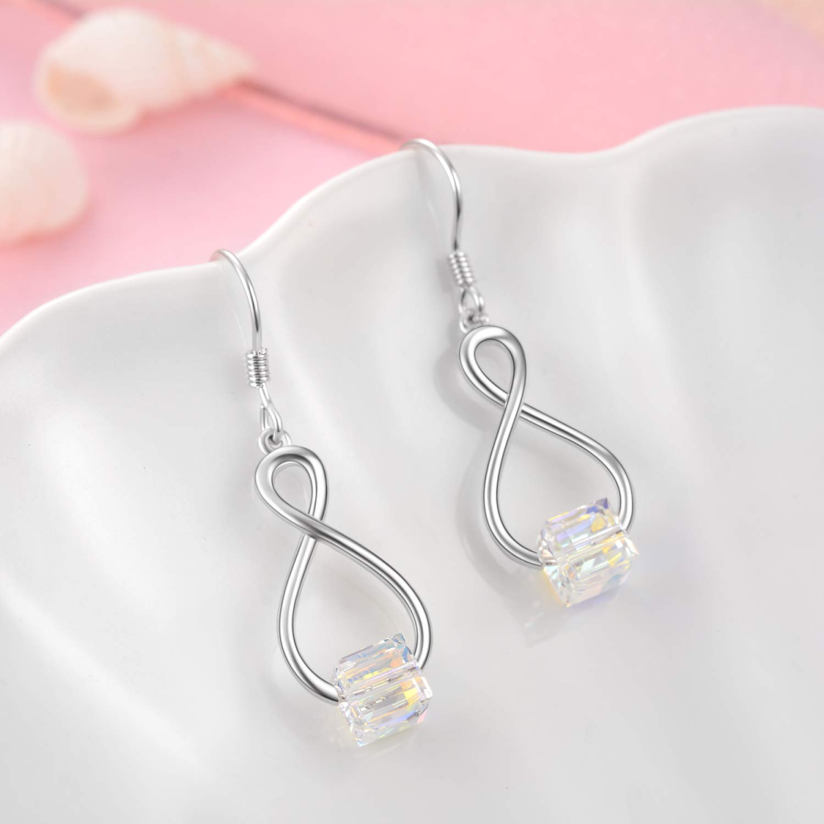 Sterling Silver Princess-square Shaped Crystal Infinity Symbol Drop Earrings-3