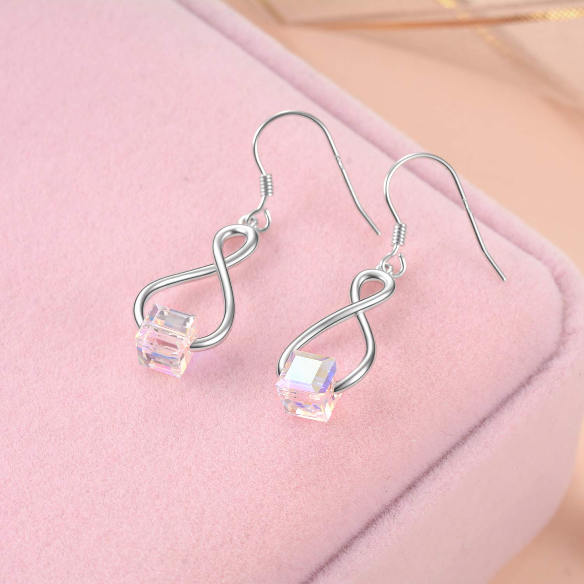 Sterling Silver Princess-square Shaped Crystal Infinity Symbol Drop Earrings-4