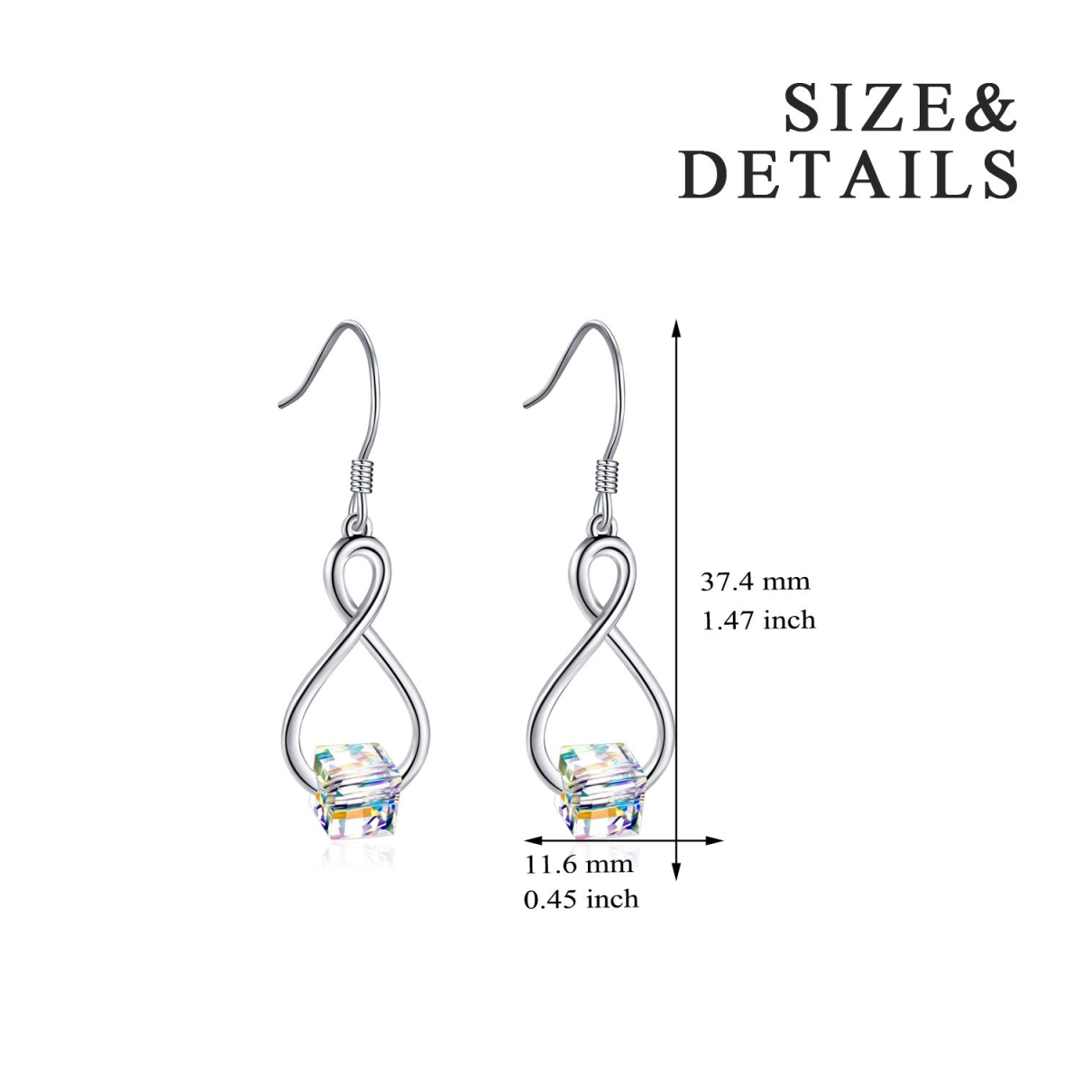 Sterling Silver Princess-square Shaped Crystal Infinity Symbol Drop Earrings-5