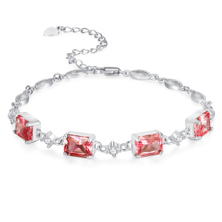 Sterling Silver Princess-square Shaped Crystal Personalized Birthstone Bead Station Chain Bracelet-15