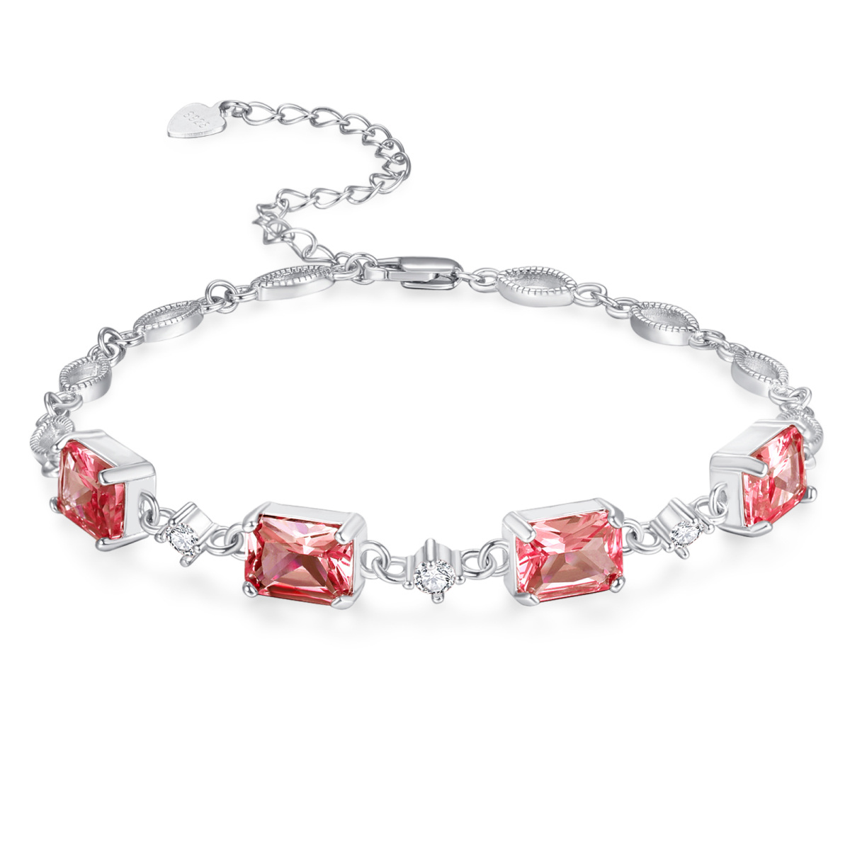 Sterling Silver Princess-square Shaped Crystal Personalized Birthstone Bead Station Chain Bracelet