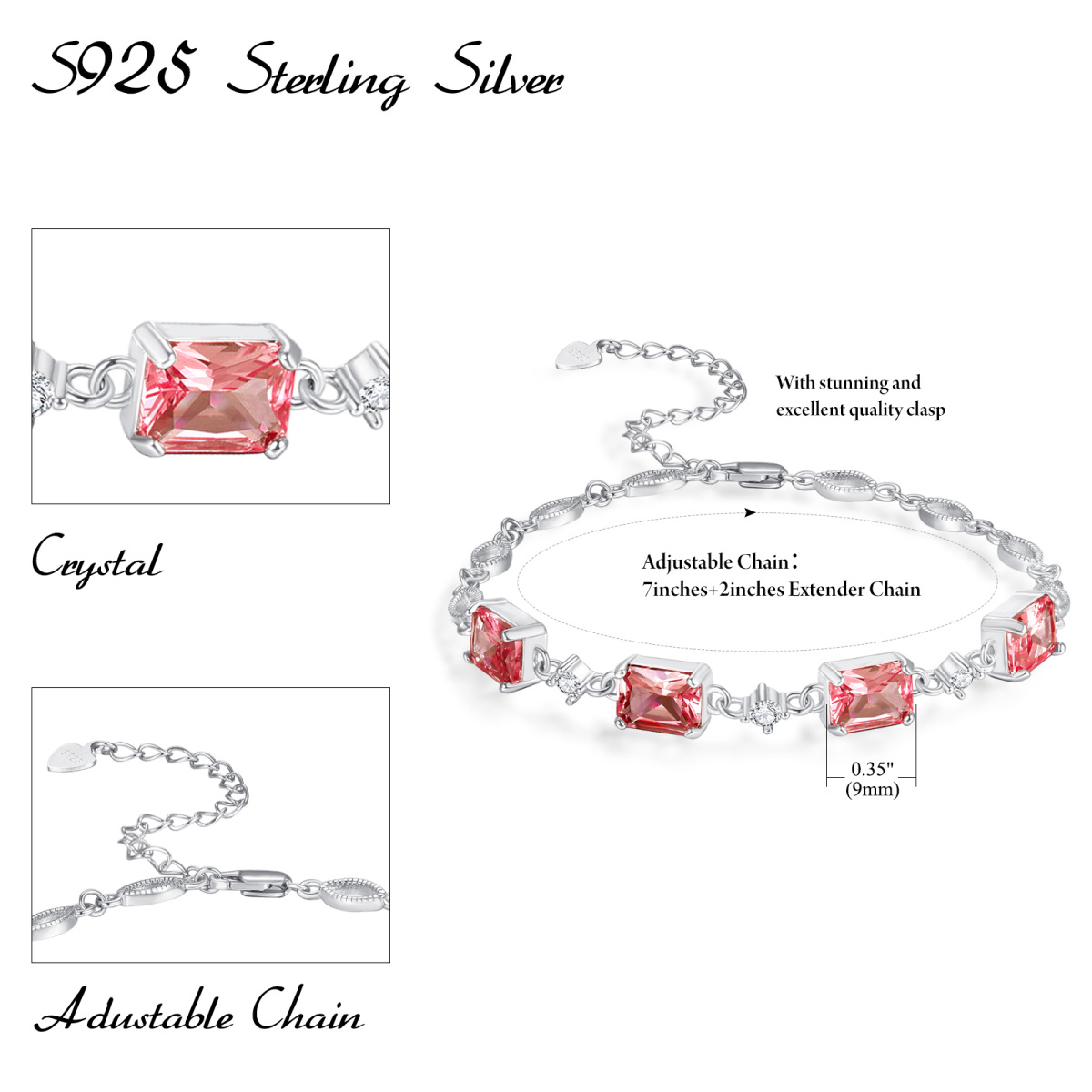 Sterling Silver Princess-square Shaped Crystal Personalized Birthstone Bead Station Chain Bracelet-5