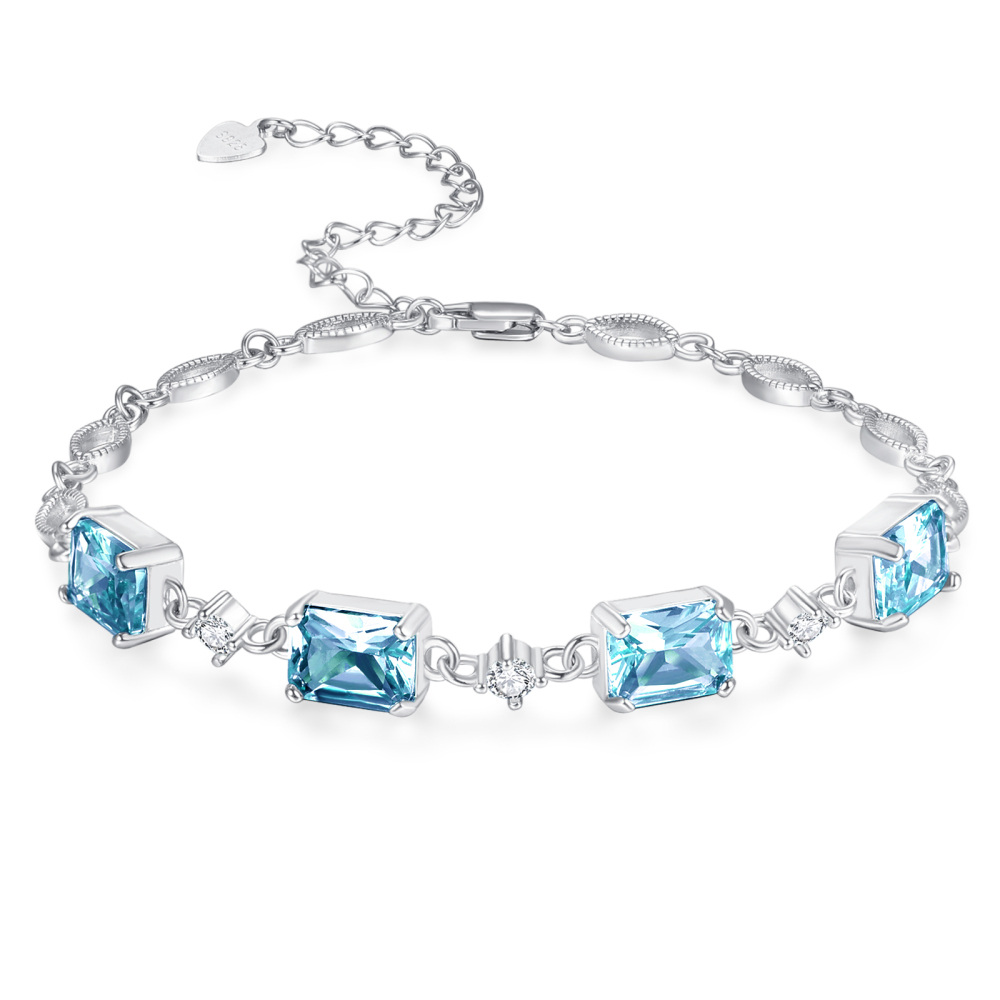 Sterling Silver Princess-square Shaped Crystal Personalized Birthstone Bead Station Chain Bracelet-1