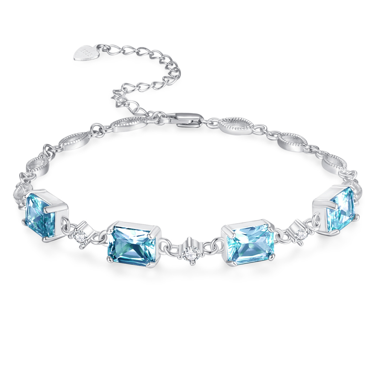 Sterling Zilveren Prinses-vierkant Vorm Kristal Gepersonaliseerde Geboortesteen Kraal Station Ketting Armband-1