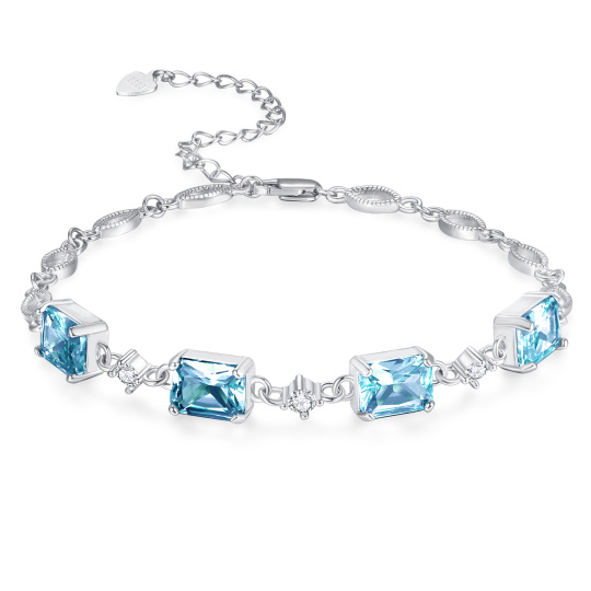 Sterling Silver Princess-square Shaped Crystal Personalized Birthstone Bead Station Chain Bracelet